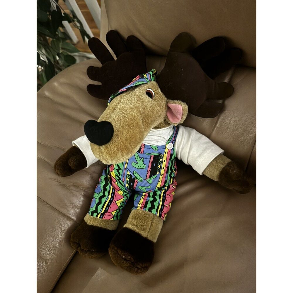 Vintage‎ Stuffed Moose Wearing Multicolored Abstract Overalls & Hat Zigzags 90s
